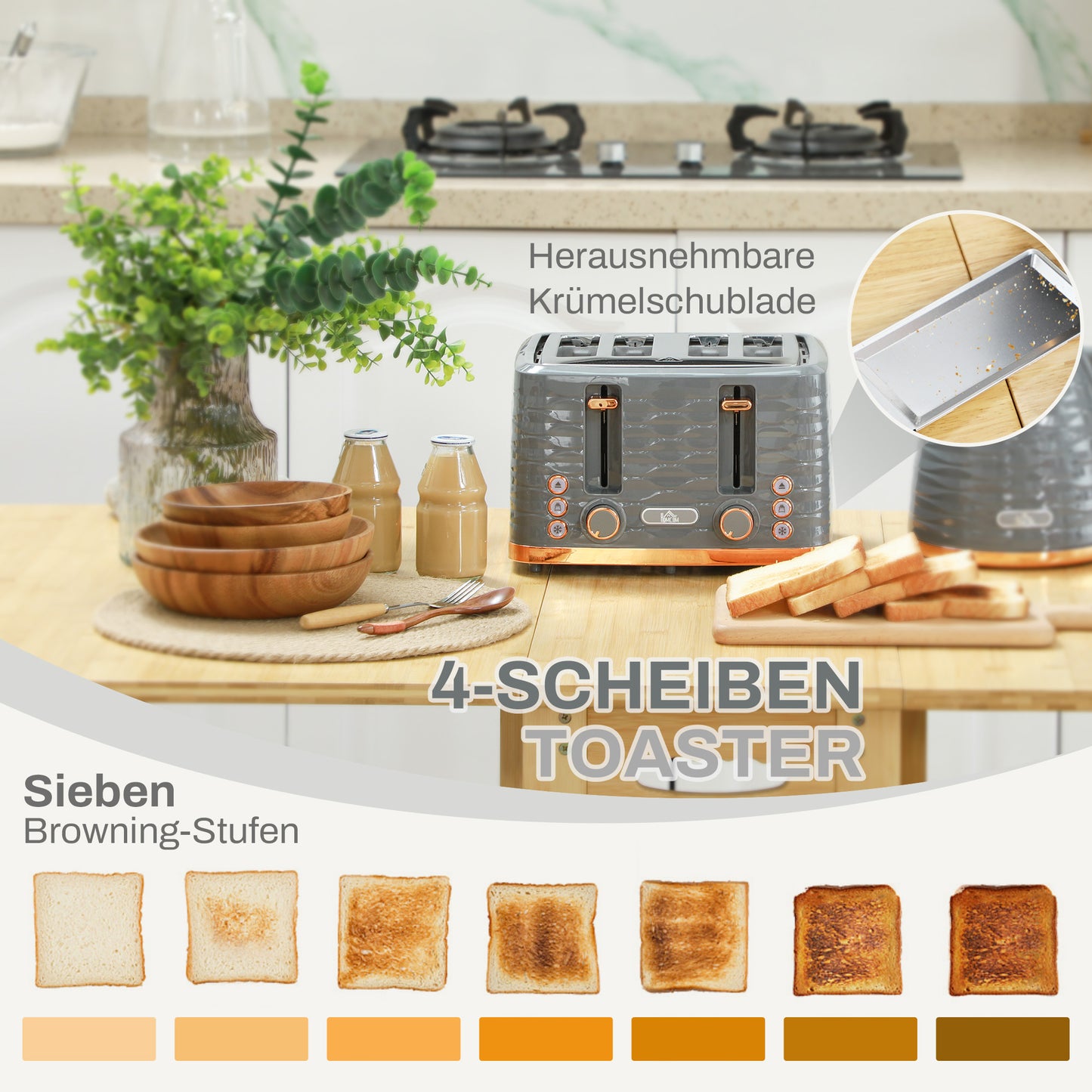HOMCOM 2-in-1 Toaster und Wasserkocher Set, 7 Bräunungsstufen, Auftau- und Aufwärmfunktion, Grau