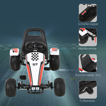 HOMCOM Go Kart Kinderfahrzeug Tretauto mit Pedal Bremsen Kinderspielzeug für 3-6 Jahre Stahl Weiß 104 x 66 x 57 cm
