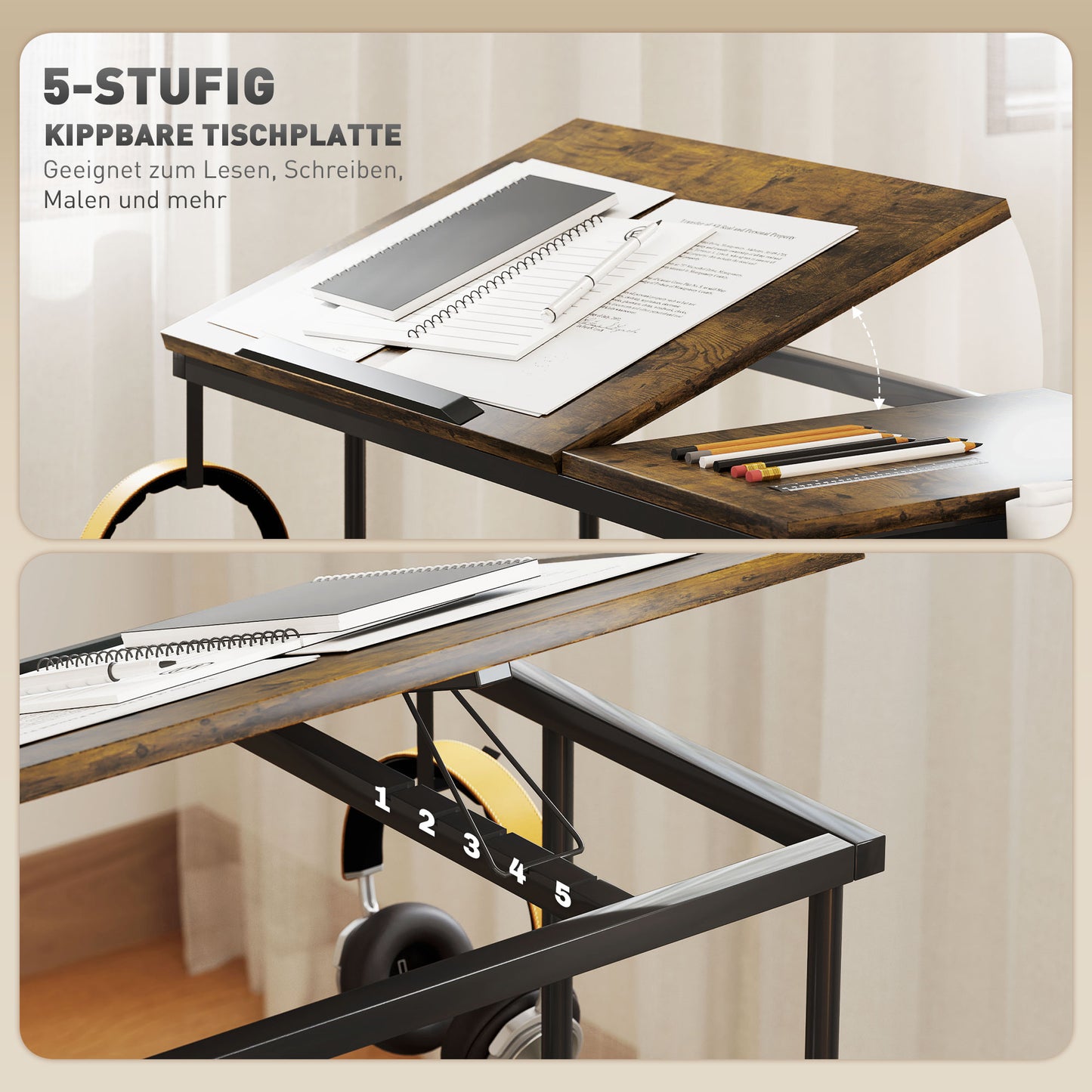 HOMCOM Höhenverstellbares Stehpult mit neigbarer Tischplatte, Rädern, Aufbewahrungsregal, zum Schreiben, Lesen, Zeichnen, Braun