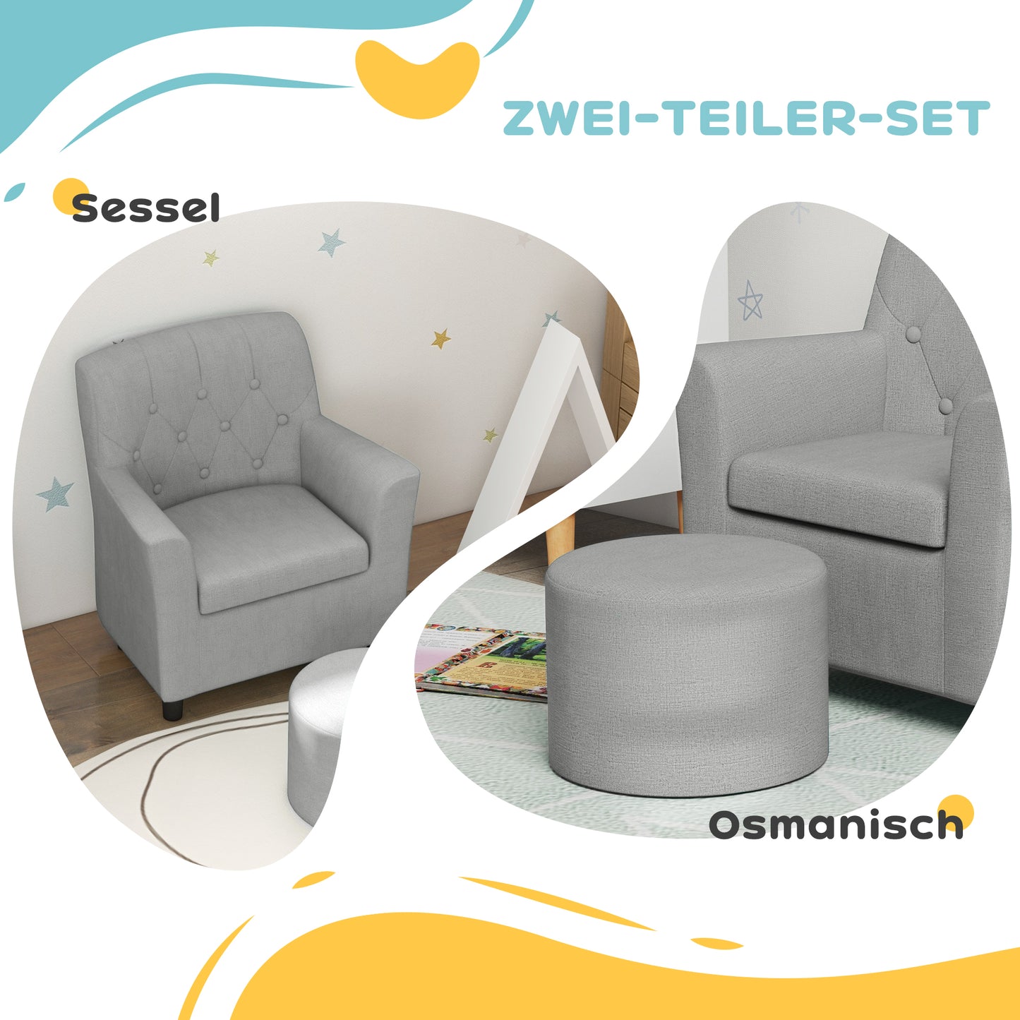 AIYAPLAY Kindersessel mit Hocker, Rückenlehne Diamantmuster, weiche Sitzfläche, Holzrahmen, Grau