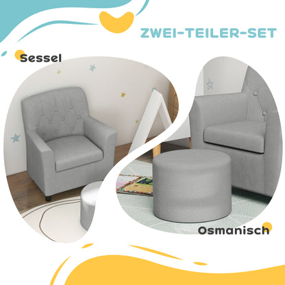 AIYAPLAY Kindersessel mit Hocker, Rückenlehne Diamantmuster, weiche Sitzfläche, Holzrahmen, Grau