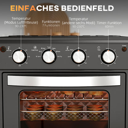 HOMCOM Minibackofen, Heißluftfritteuse, 90-230° C, 7 Programme, Zubehör, Schwarz