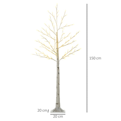 HOMCOM Künstliche Birke mit 120 LED-Lichtern, 3 Helligkeitsstufen, faltbare Äste, IP44, 150 cm, Weiß