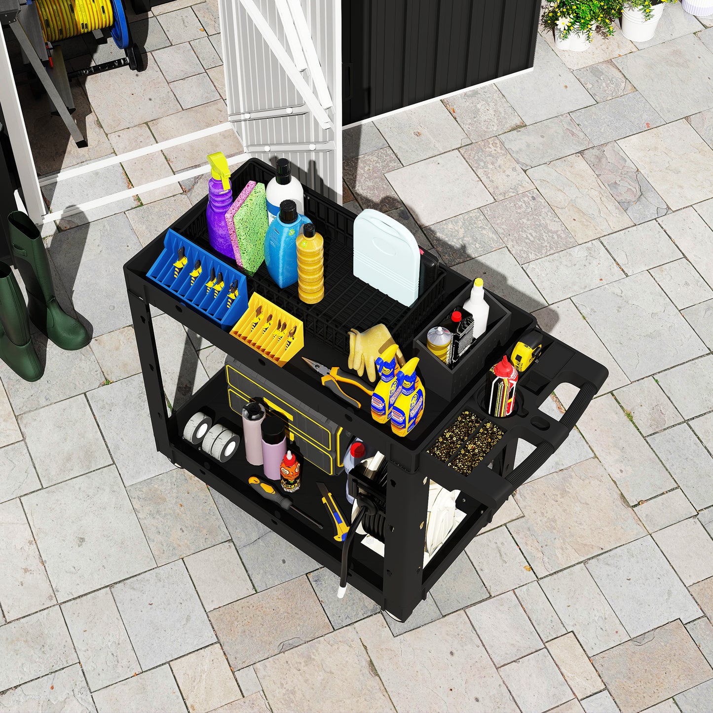 HOMCOM Werkzeugwagen, 2-stöckige Ablagen, Griff, Räder, Kunststoff, Schwarz