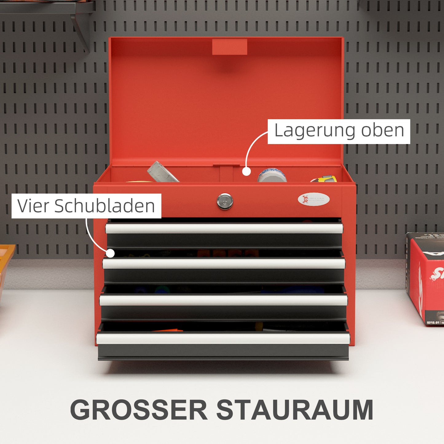 DURHAND Werkzeugkasten Werkzeugtrolley, inkl. Schloss, 2 Schlüssel, 45 cm x 24,5 cm x 32,5 cm, Rot