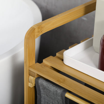 HOMCOM Wäschesammler Wäschekorb, 2 Wäschesäcke, 2 Griffe, Bambus, 63,5 x 33 x 73 cm, Grau + Natur