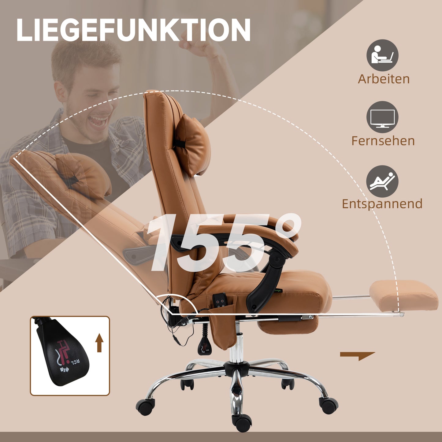Vinsetto Bürostuhl med massagefunktion, ergonomisk, 66x67x115-123cm, Hellbraun