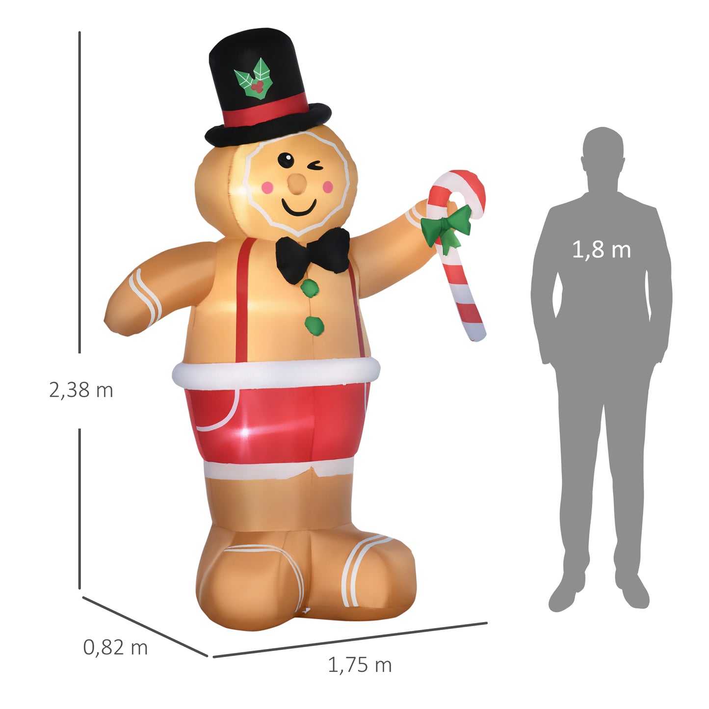 Outsunny Aufblasbare Weihnachtsfiguren Aufblasbarer Lebkuchenmann, 2 m, inkl. Gebläse, Mehrfarbig