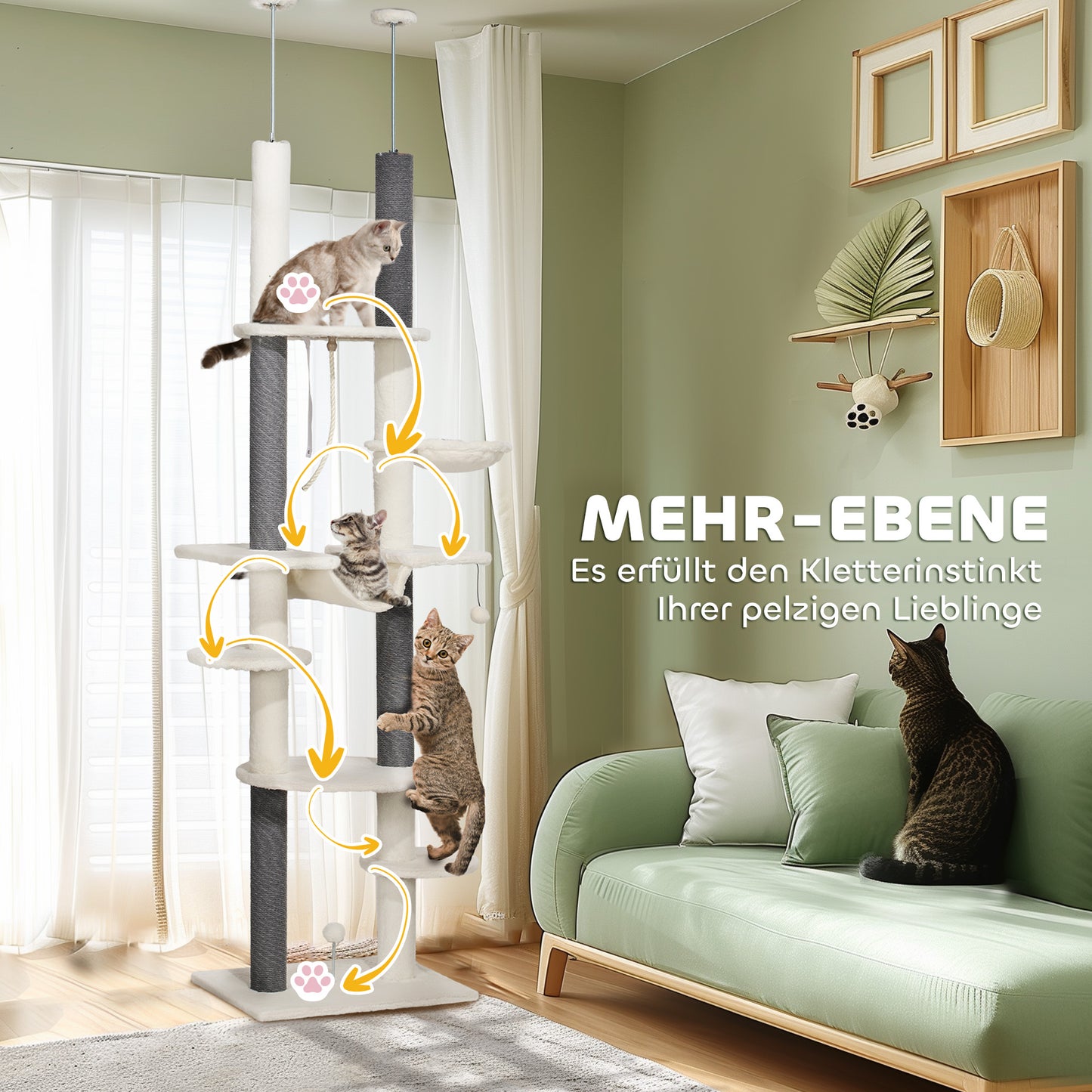 PawHut Kratzbaum, deckenhoch, verstellbar 225-255 cm, Plattformen &amp; Hängematten, Kippschutz, Weiß