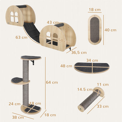 PawHut Kletterwand Katzen 7-teilig Katzen Kletterwand Set mit Sisalpfostenleiter, Plattform Kratzbaum Grau
