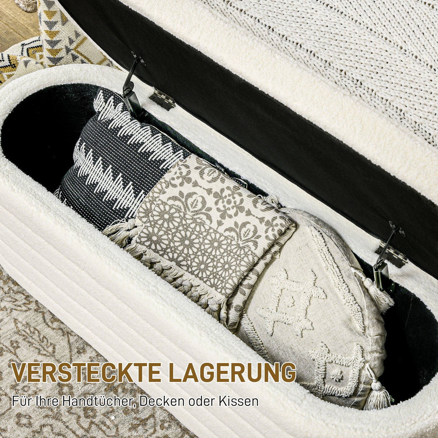 HOMCOM Bettbank, Stauraum, Teddy-Fleece, 116x41x40,5cm, Cremeweiß