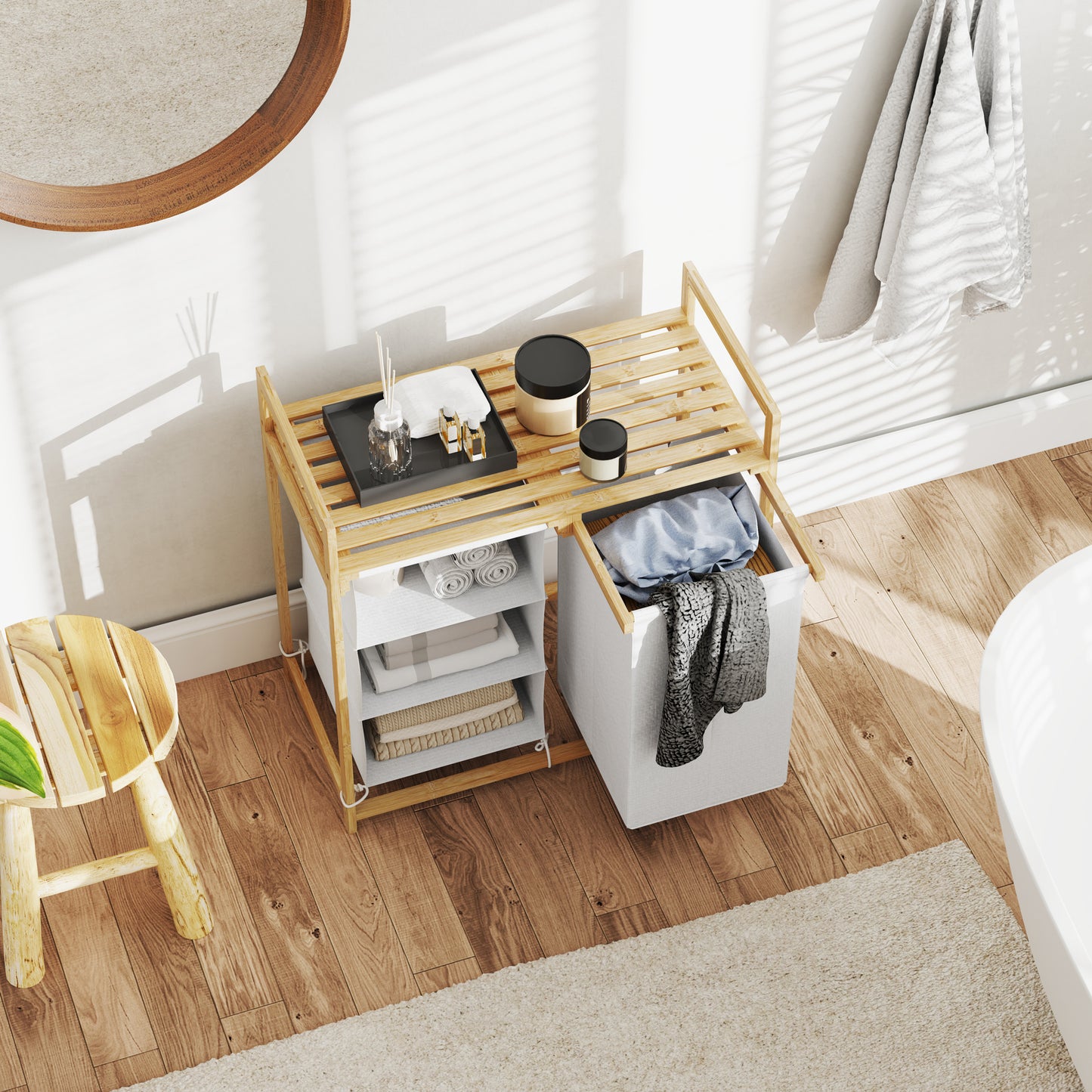 HOMCOM Wäschekorb mit Wäschesack, Stoffschublade, Bambus, 70x36x70 cm, Weiß/Holz