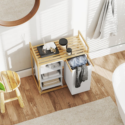 HOMCOM Wäschekorb mit Wäschesack, Stoffschublade, Bambus, 70x36x70 cm, Weiß/Holz