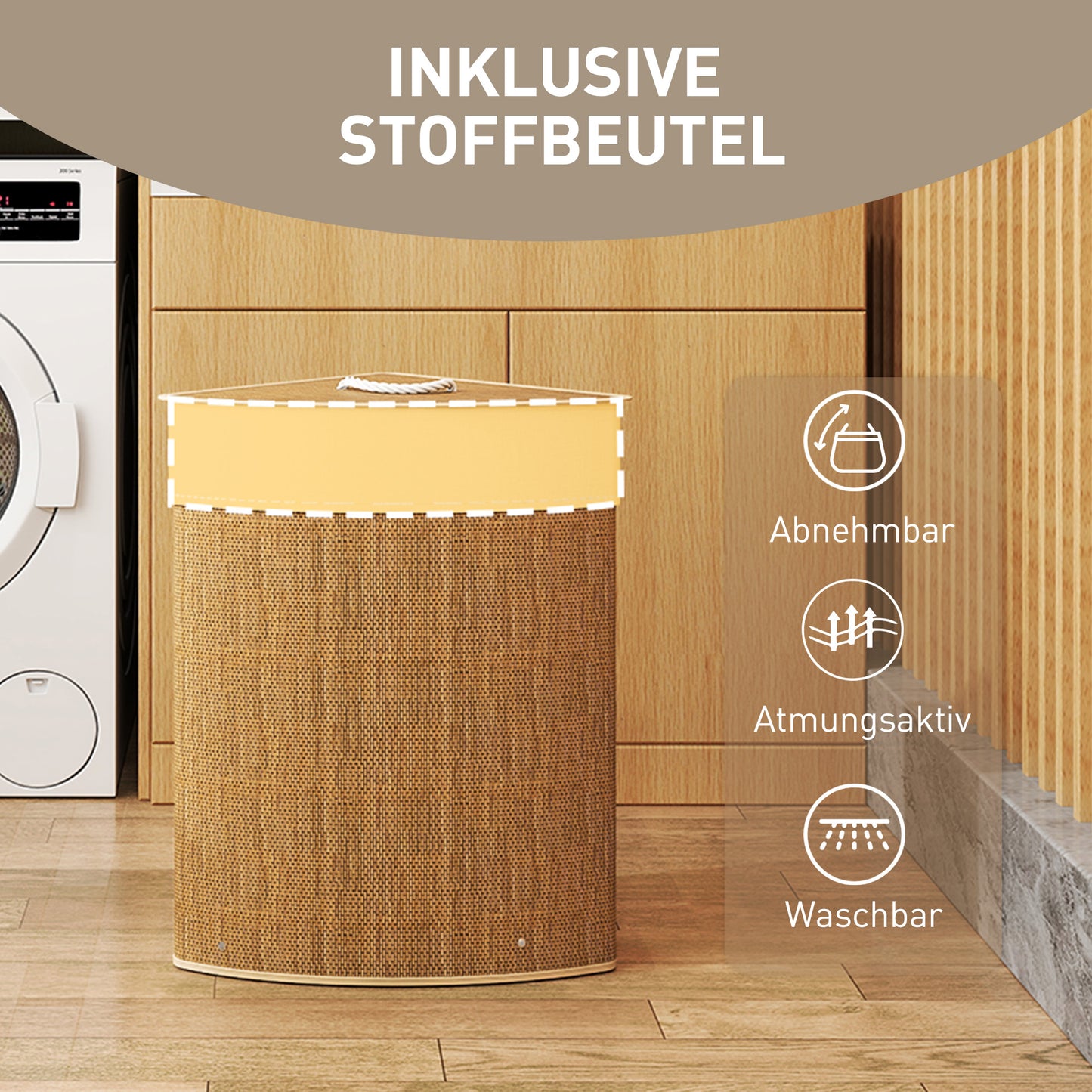 HOMCOM Wäschekorb im Eckdesign, Bambusgeflecht, 55 Liter, Stoffbeutel, Metallrahmen, Braun