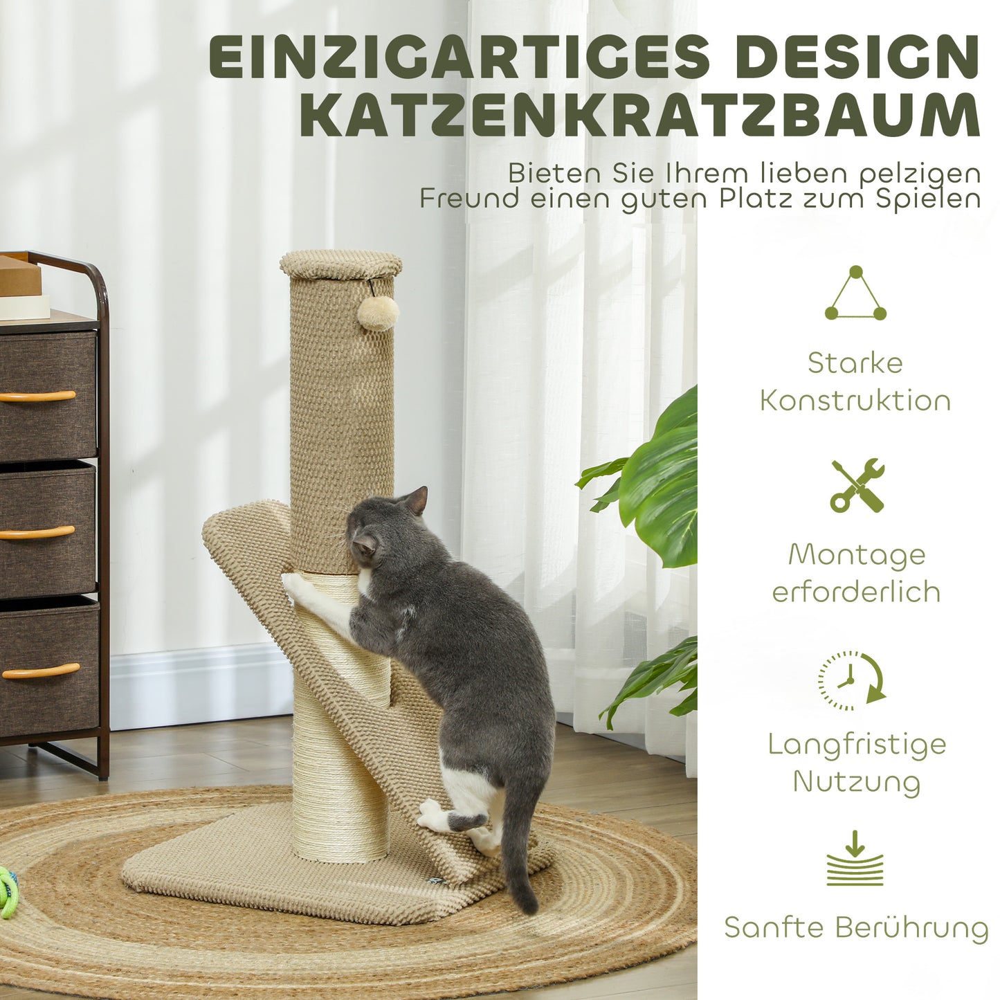 PawHut Kratzbaum für Katzen, mit Pad, Säule und Spielball, Teppich und Sisal, 84 cm, Hellbraun