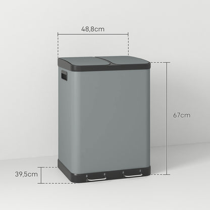 HOMCOM Doppelfach-Mülleimer, 2 x 30L, fingerabdruckresistent, Pedal, herausnehmbare Inneneimer, Grau
