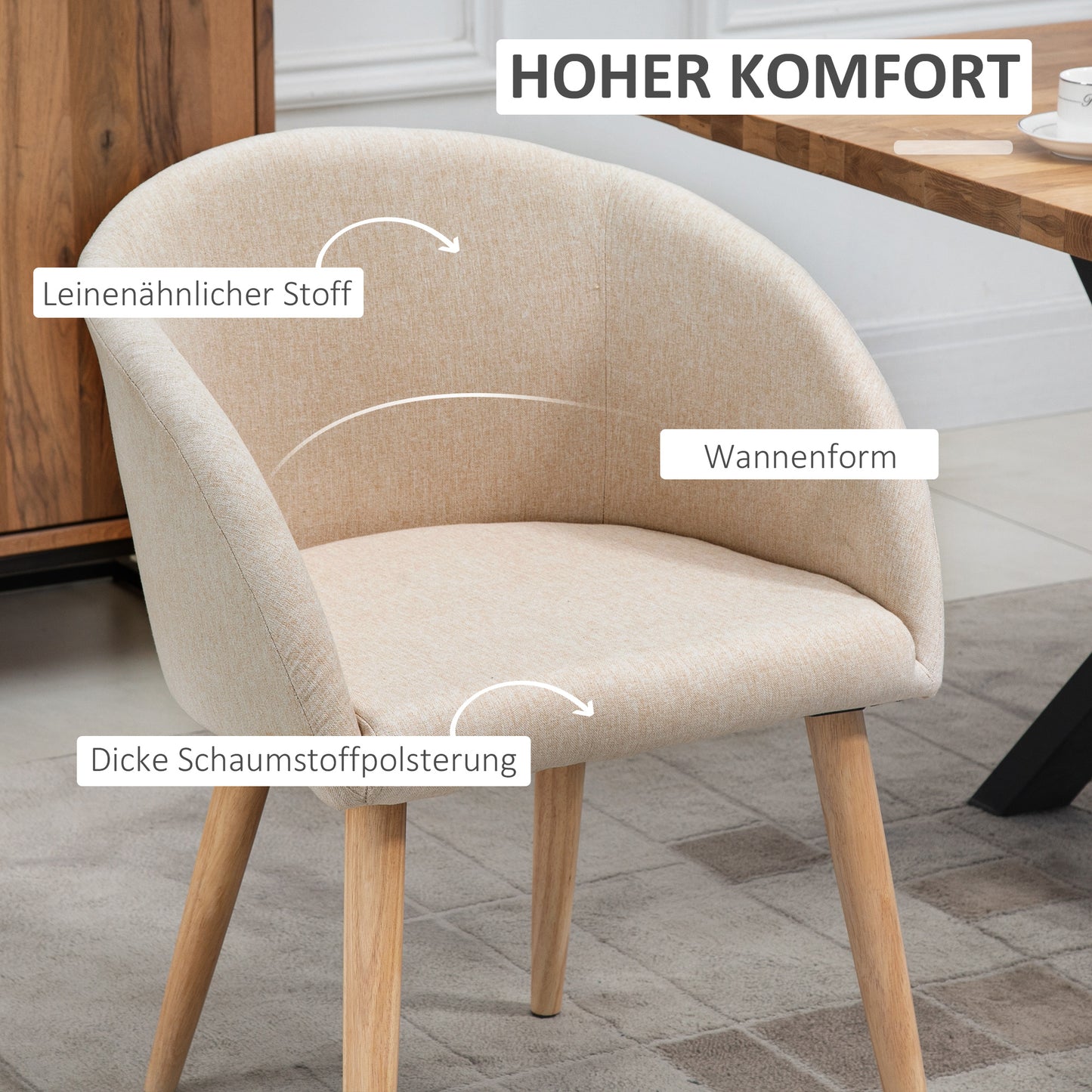 HOMCOM 2er-Set gepolsterte Stühle, skandinavisches Design, Polsterstühle mit Holzbeinen, rutschfeste Pads, 150 kg Belastbarkeit, Beige