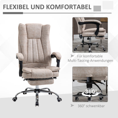 Vinsetto Bürostuhl Drehstuhl med Liegefunktion Fußstütze Bürosessel Sitzhöhenverstellung Stuhl Schreibtischstuhl Mikrofaser Kunststoff Metall Nylon Beige+Schwarz+Silber 63 x 71 x 110-118 cm