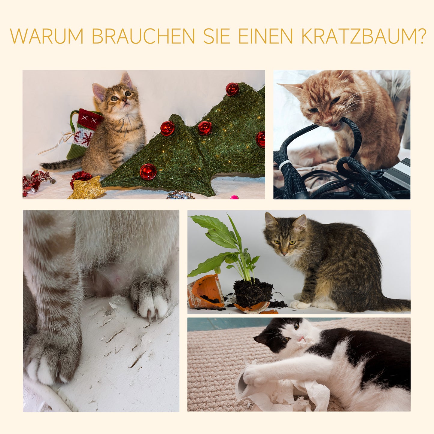 PawHut Kratzbaum Deckenhoch höhenverstellbar, stabiler Katzenbaum mit Sisalsäulen, Katzen Kletterbaum, Beige, 40 x 34 x 230-260 cm