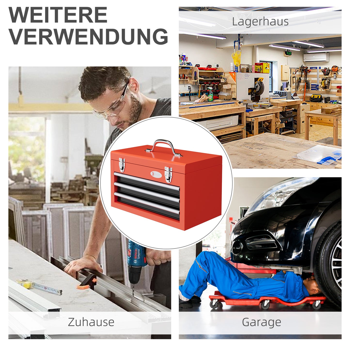 DURHAND Werkzeugkiste mit 3 Schubladen, 1 Fach, stabile Stahlverschlüsse, 45 x 24 x 27 cm, Rot