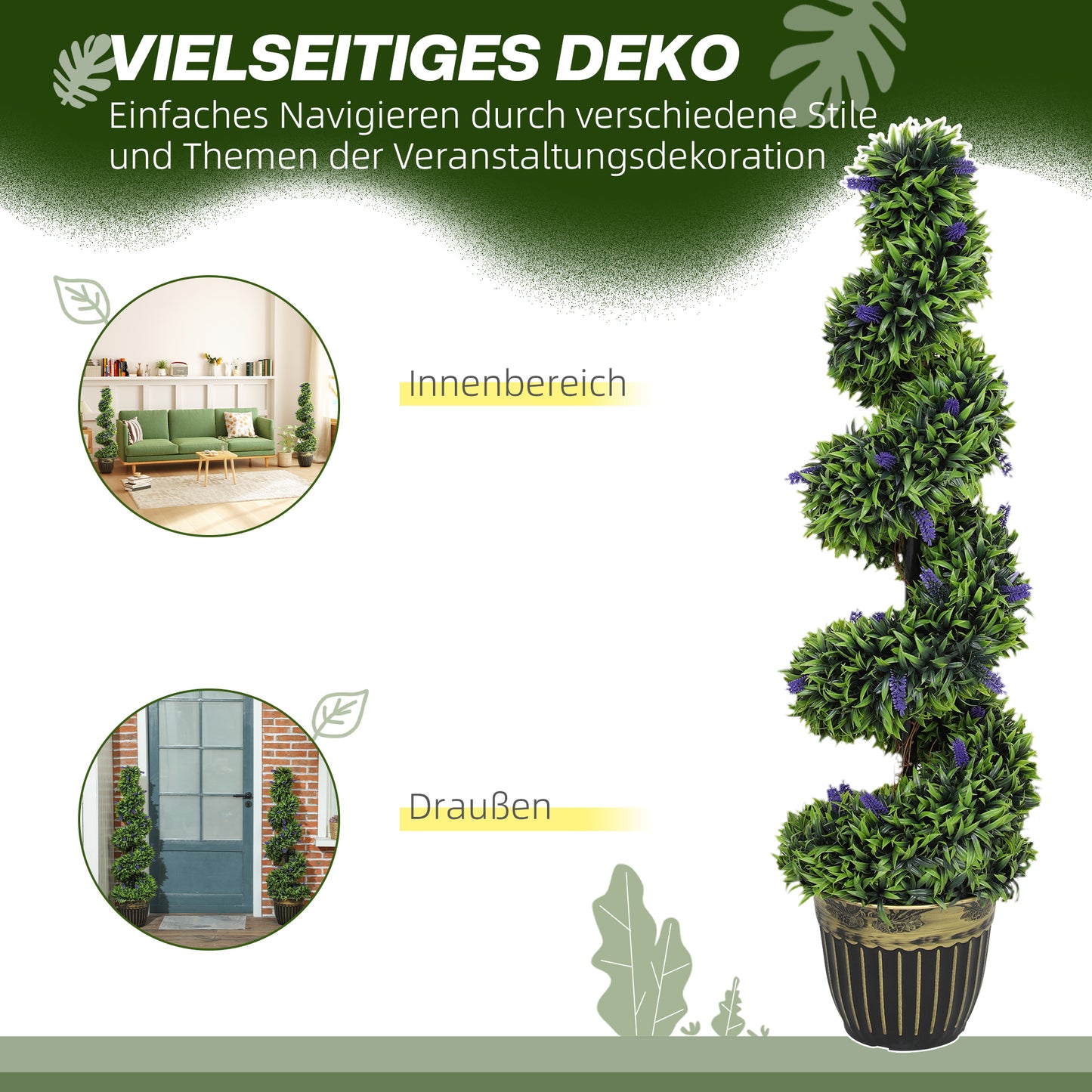 HOMCOM 2-teiliges Kunstpflanzen-Set, Spiral-Design, Zementsockel, Grün