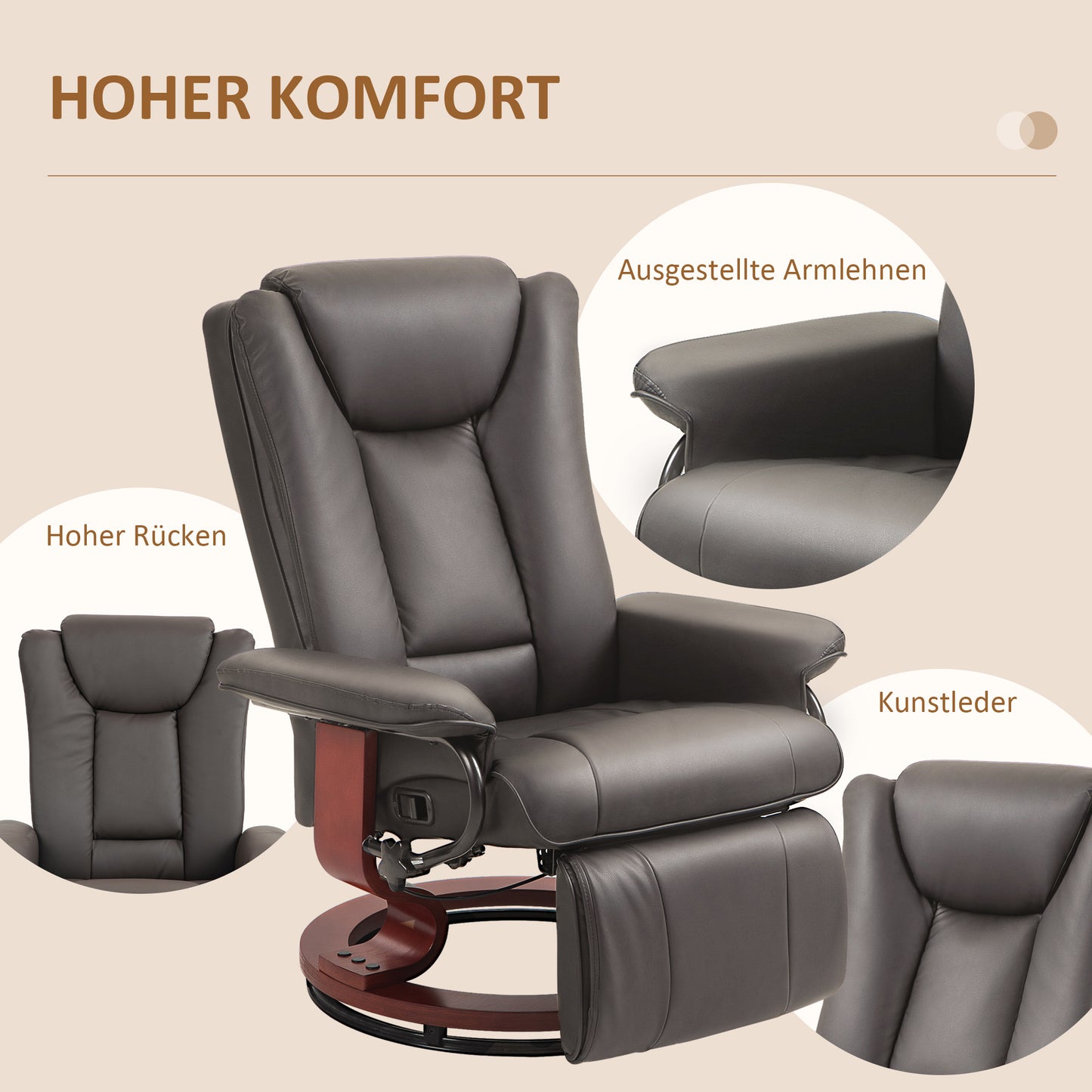 HOMCOM Relaxsessel mit Liegefunktion, drehbar, bis 150 kg, Kunstlederbezug, Stahlrahmen, Braun