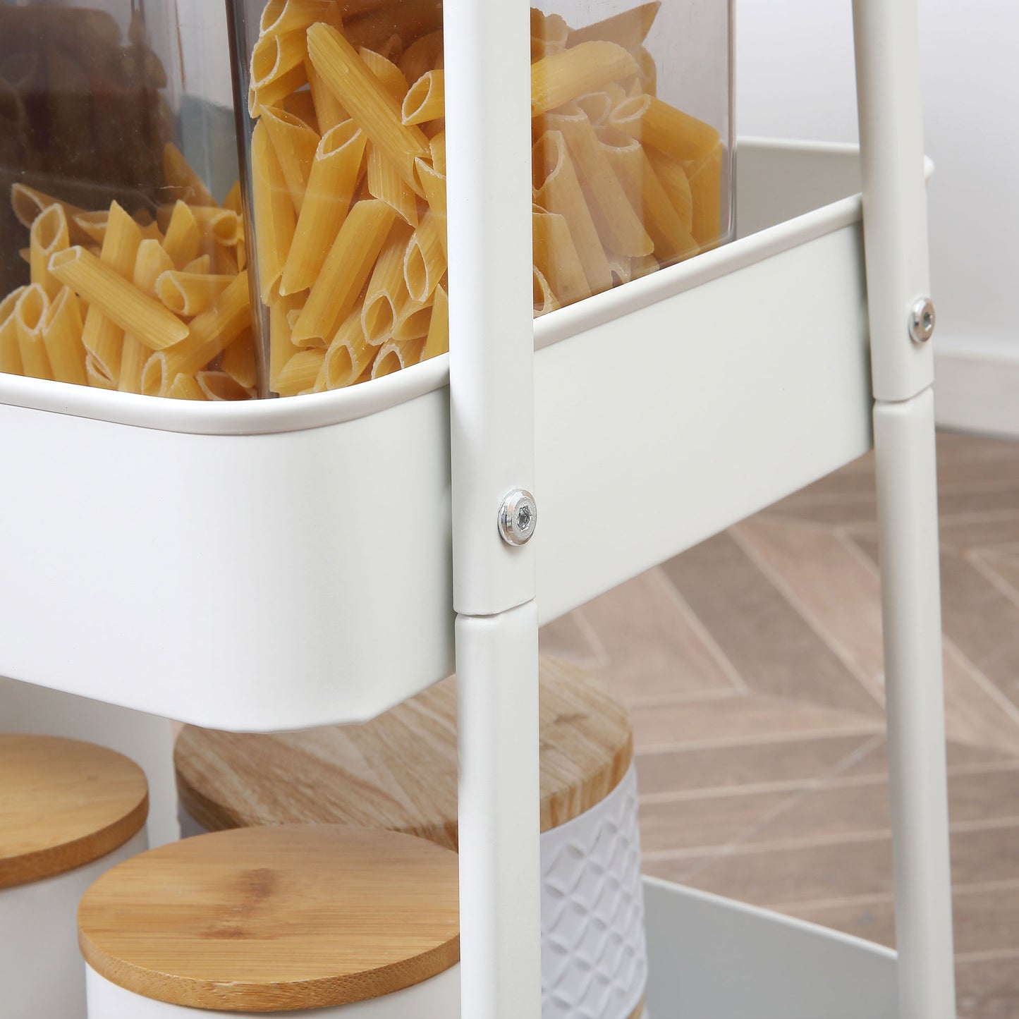 HOMCOM Servierwagen mit 3 Ebenen Küchenwagen mit Rollen Griff Küchenregal mit Korb und Deckel Rollwagen Allzweckwagen für Küche Büro Badezimmer, Weiß