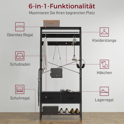 HOMCOM Garderobenständer mit Schuhregal, Kleiderständer im Industrie-Design, 2 Stoffschubladen, 8 Haken, Metallrahmen, Schwarz