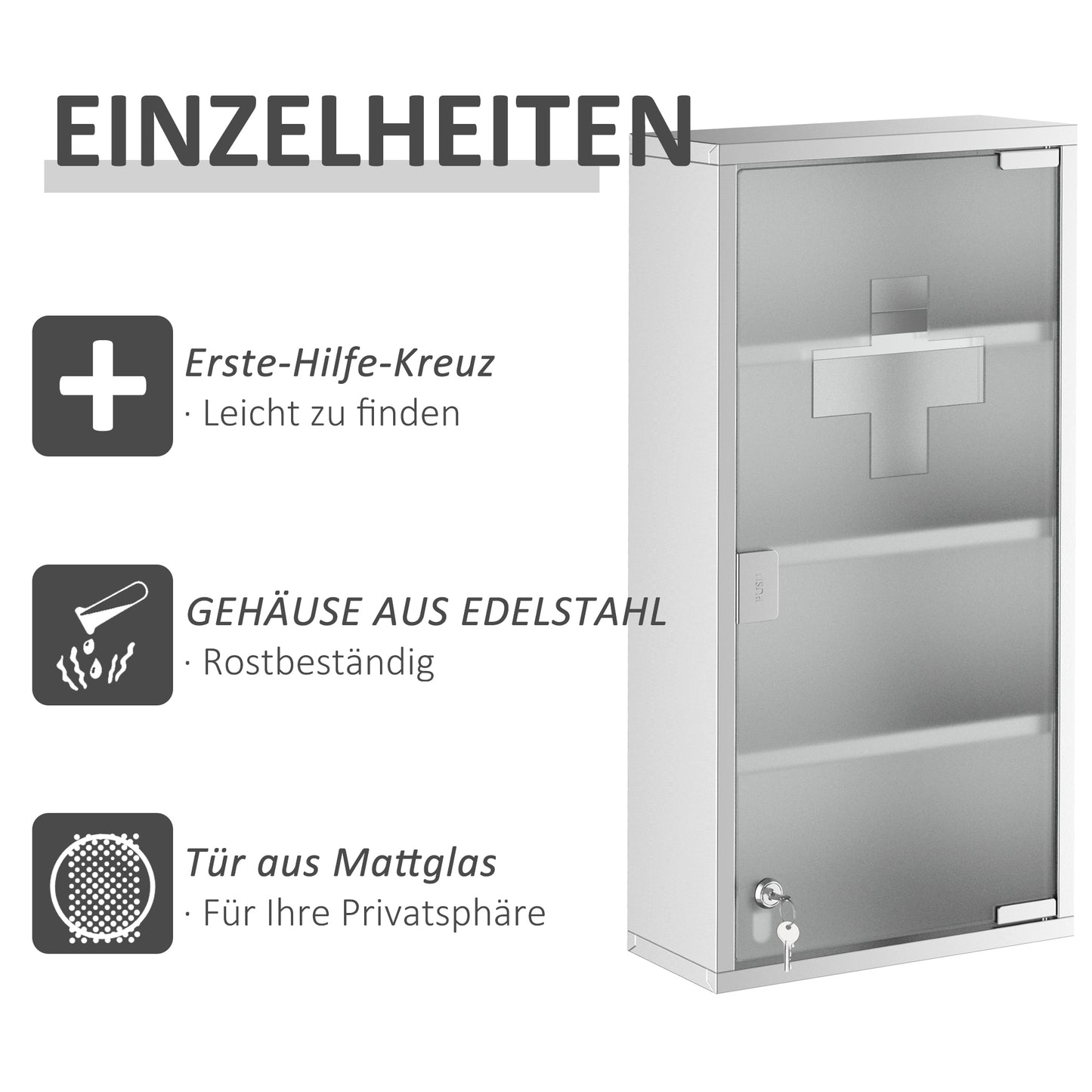 HOMCOM Medizinschrank Arzneischrank aus Edelstahl, Abschließbar Medikamentenschrank mit 4 Fächern, Glastür Apothekerschrank zur Medikamenten-Aufbewahrung, 30 x 12 x 60 cm