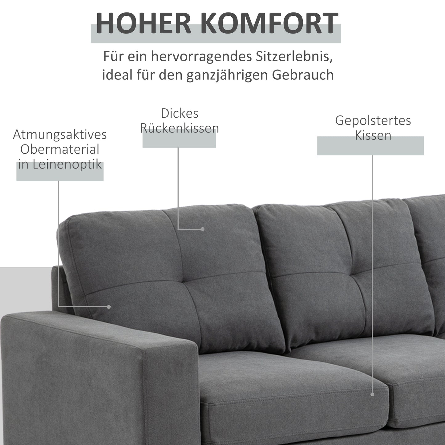 HOMCOM Ecksofa im Skandidesign, mit Knopfheftung, Massivholz, Leinenoptik, Grau