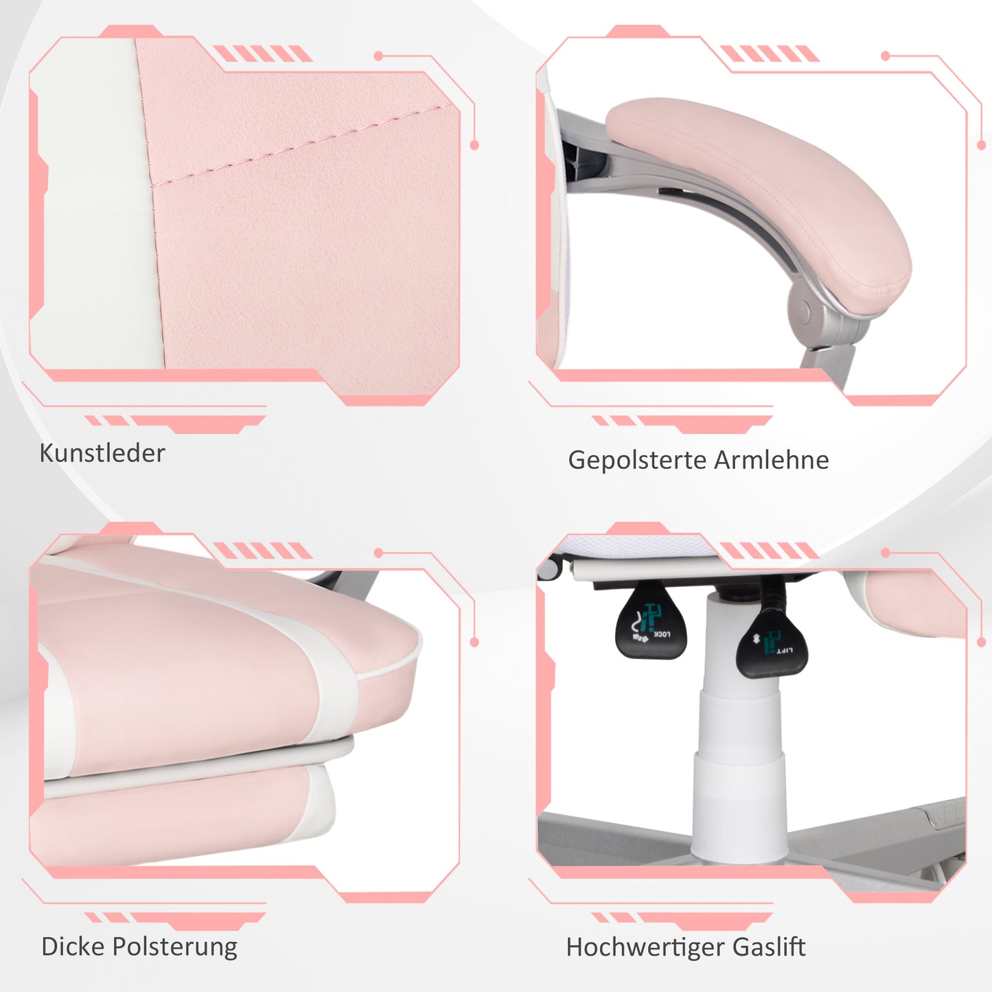 HOMCOM Gamingstuhl mit Fußstütze, Kopf- & Lendenkissen, drehbar, höhenverstellbar, Rosa