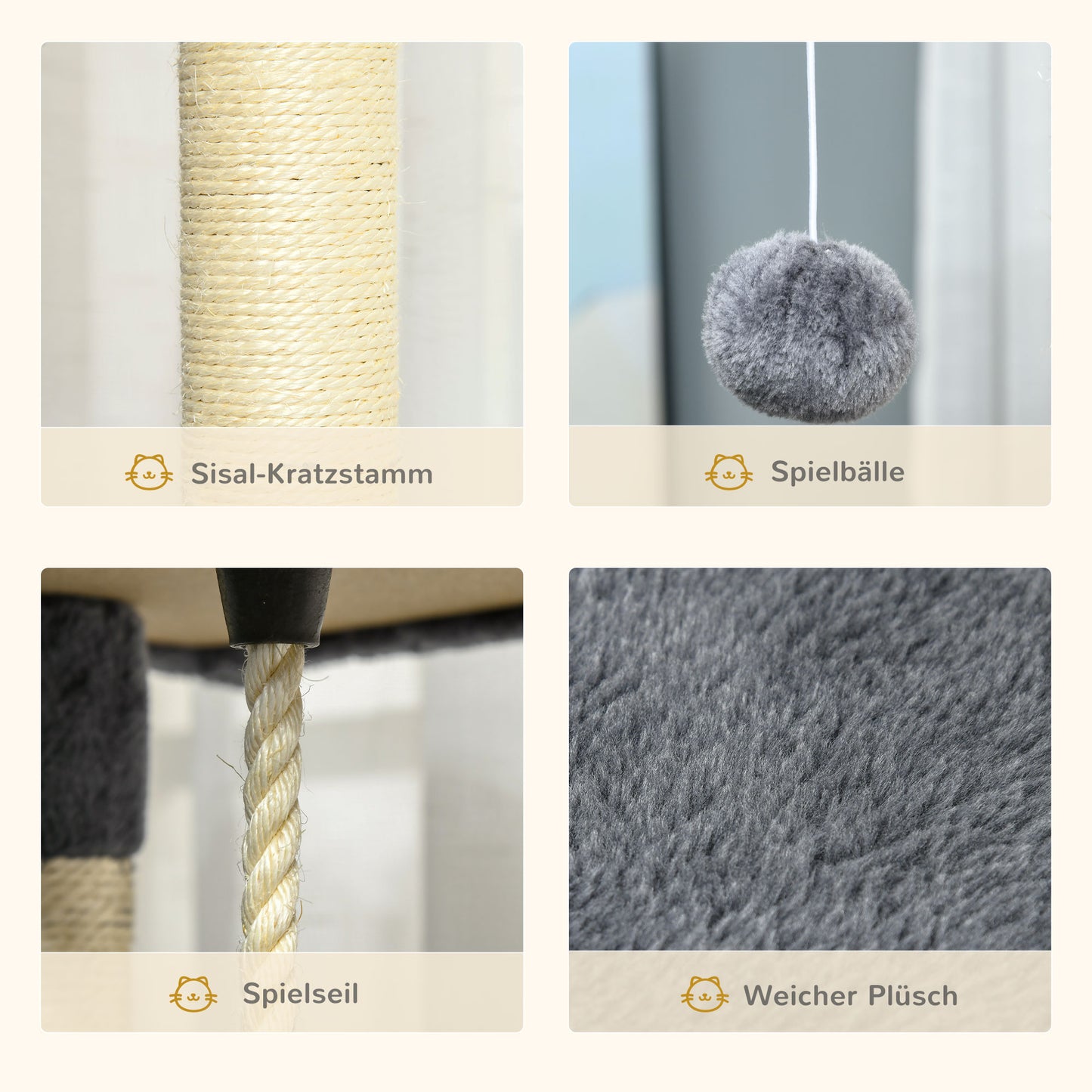 PawHut Kratzbaum mit 2 Hängematten u. 2 Katzenhöhlen inkl. Spielzeug Plüsch Sisalseil Hellgrau