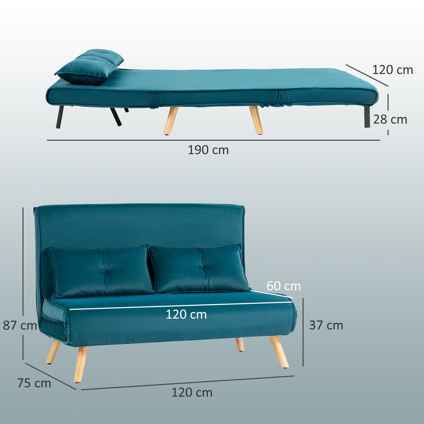 HOMCOM 2-Sitzer-Schlafsofa, Bettsofa, in Bett umwandelbare Couch, verstellbare Rückenlehne, Stoffbezug, Metallrahmen, Grün