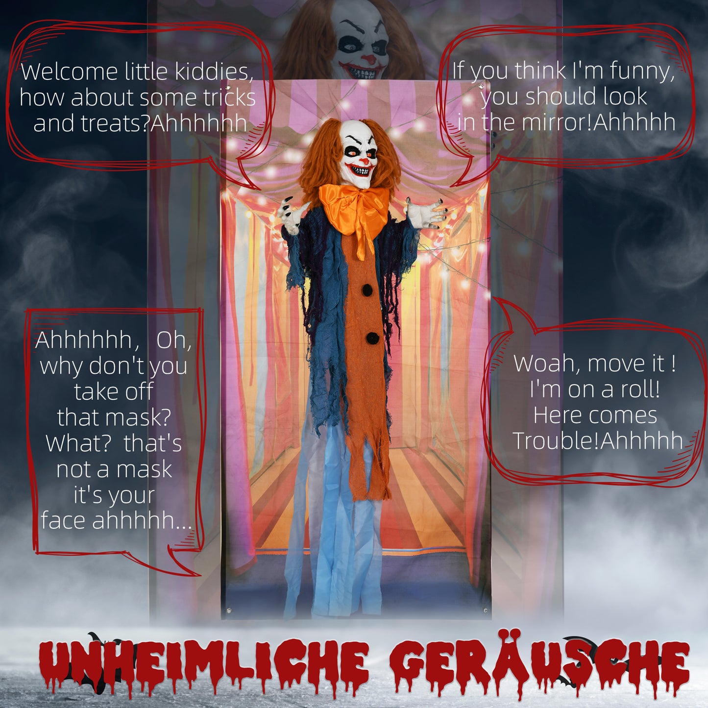 HOMCOM Horrorclown, Helloweendeko, aktiviert mit Geräusche/Berührung, rote Augen, Sound, 168 cm