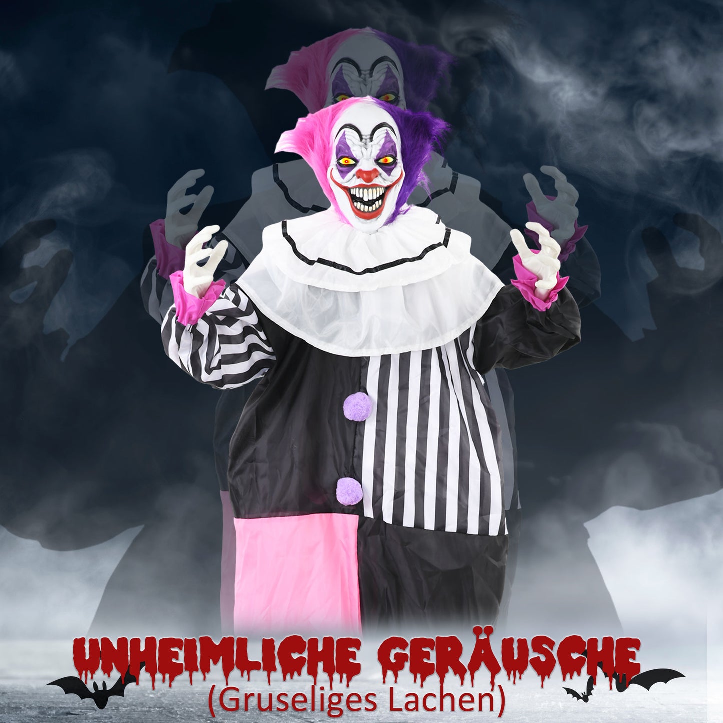 HOMCOM Grusel-Clown Halloween-Dekoration, beweglich, Lach-Funktion, Pink+Lila