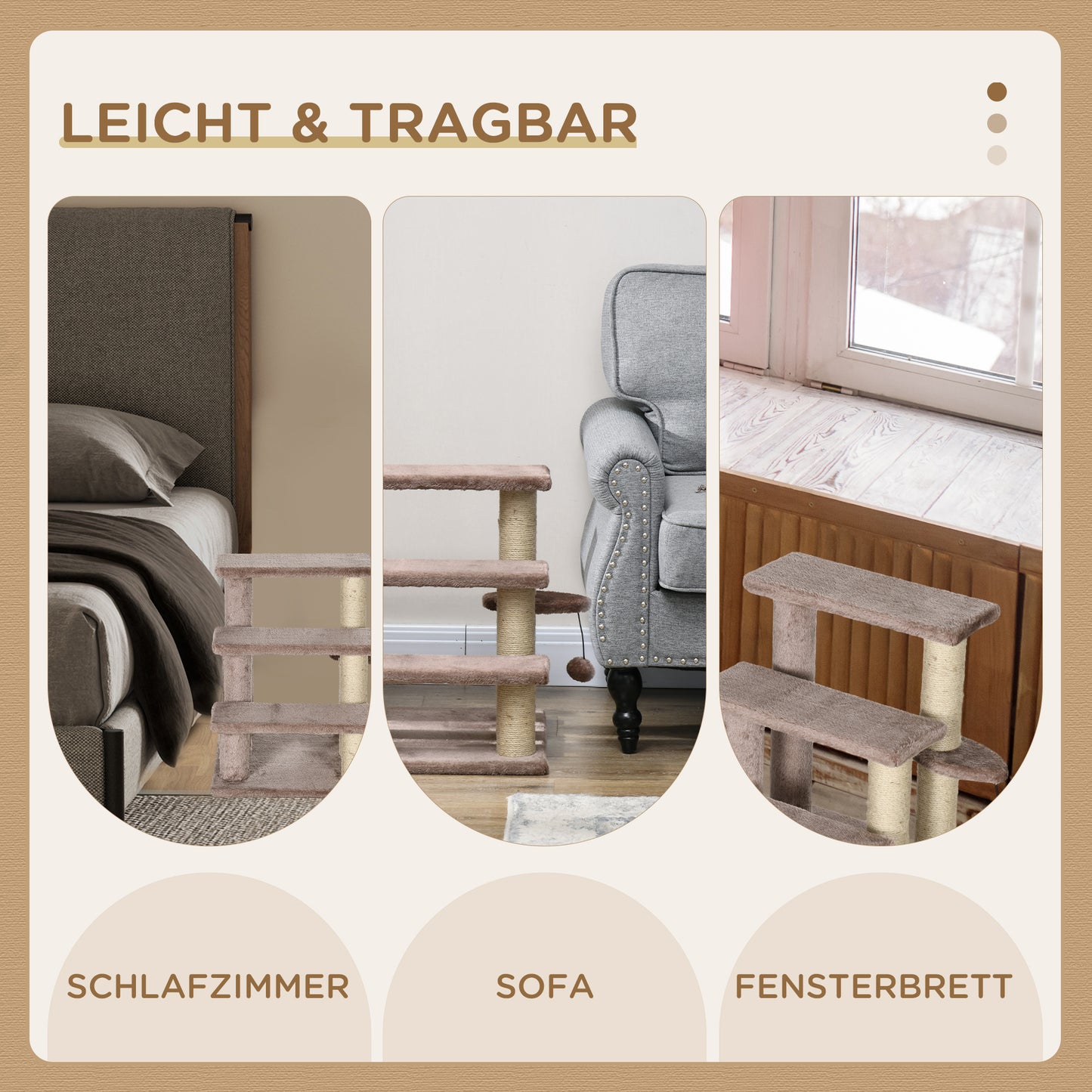 PawHut Kratzbaum, Haustiertreppe, 3 Stufen, Spielball, bis 5 kg, 45x40x48cm, Braun
