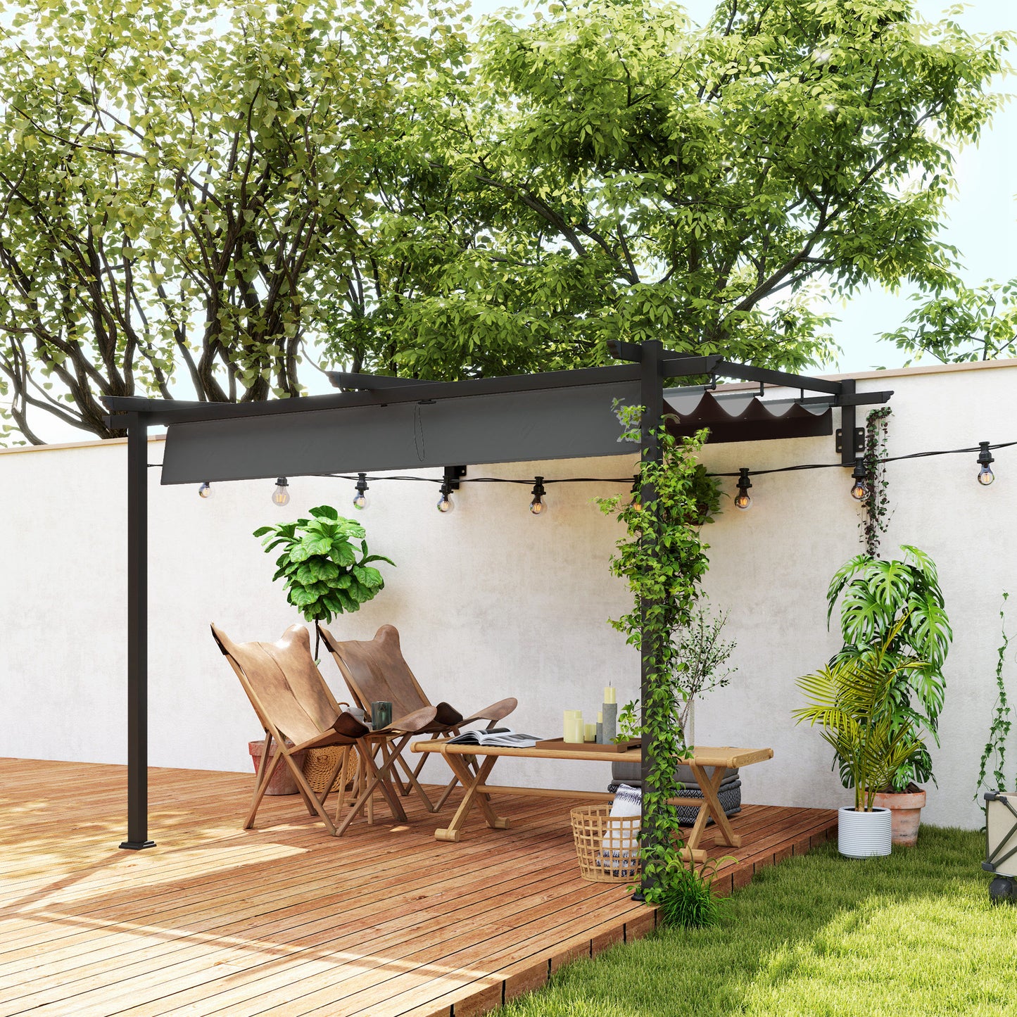 Outsunny Pavillon, 3 x 3 m Pergola, Winddichtes Terrassendach, Wandmontage, Verstellbares Dach, für Garten, Terrasse, Dunkelgrau