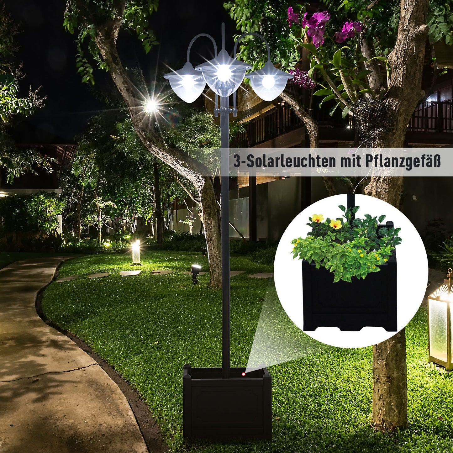 Outsunny Solar Laterne Stehleuchte aus Metall, Gartenlaterne mit Lichtsteuerung, 189 cm hoch, Windlicht Außenleuchte, Wasserdicht IP44 med Blumentopf-Basis für Garten Balkon Deko Schwarz