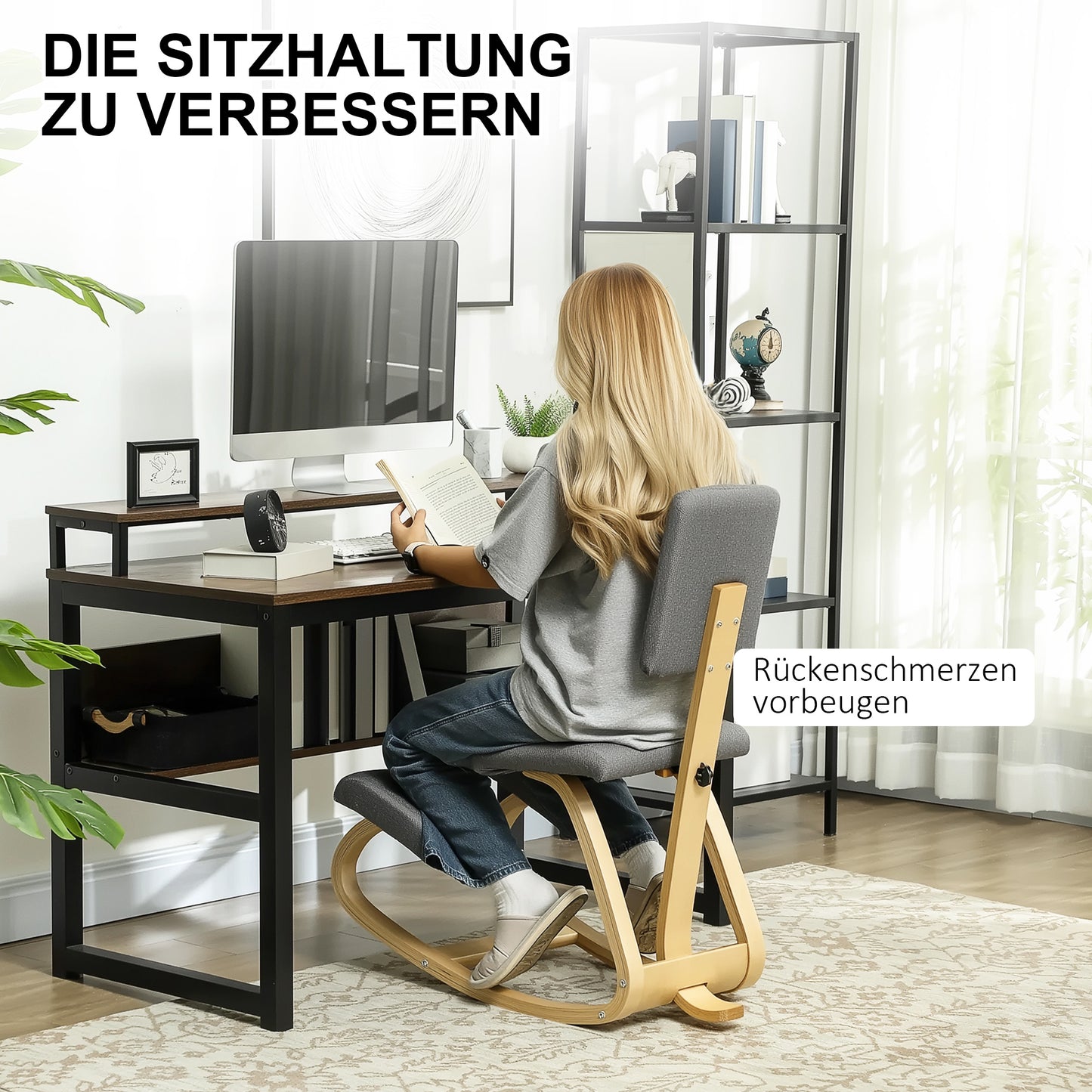 HOMCOM Ergonomischer Kniestuhl, Kniehocker Gesundheitsstuhl für Zuhause, Büro, Meditation Grau
