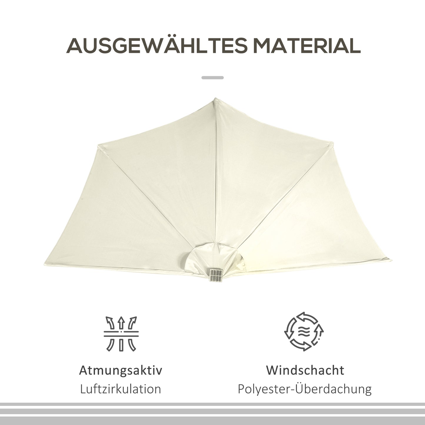 Outsunny Sonnenschirm, Terrassenschirm, halbrund, mit Solarpanel, 20 lysdioder, Handkurbel, beige, 2,70 x 1,35 x 2,40 m