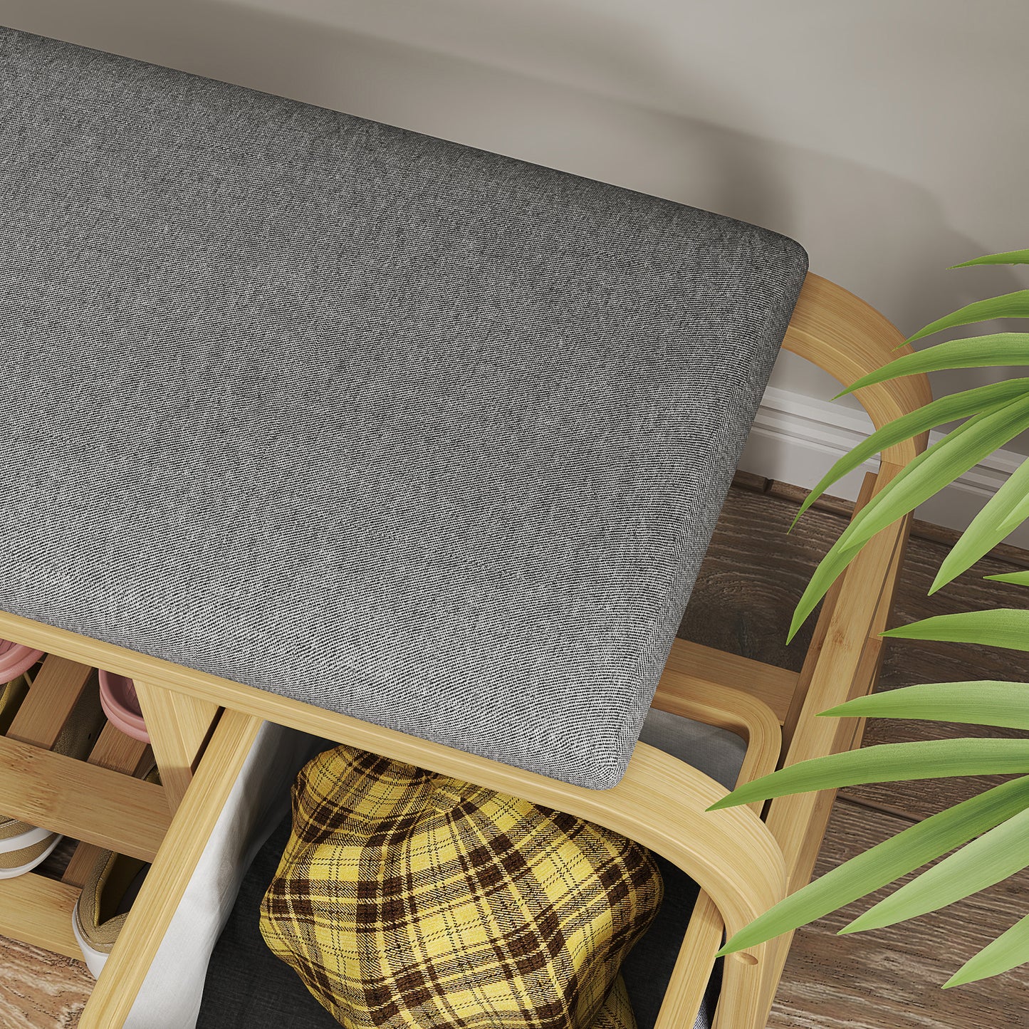 HOMCOM Schuhbank mit Regalen, Schuhaufbewahrungsbank, Bambus, Polstersitz, Grau