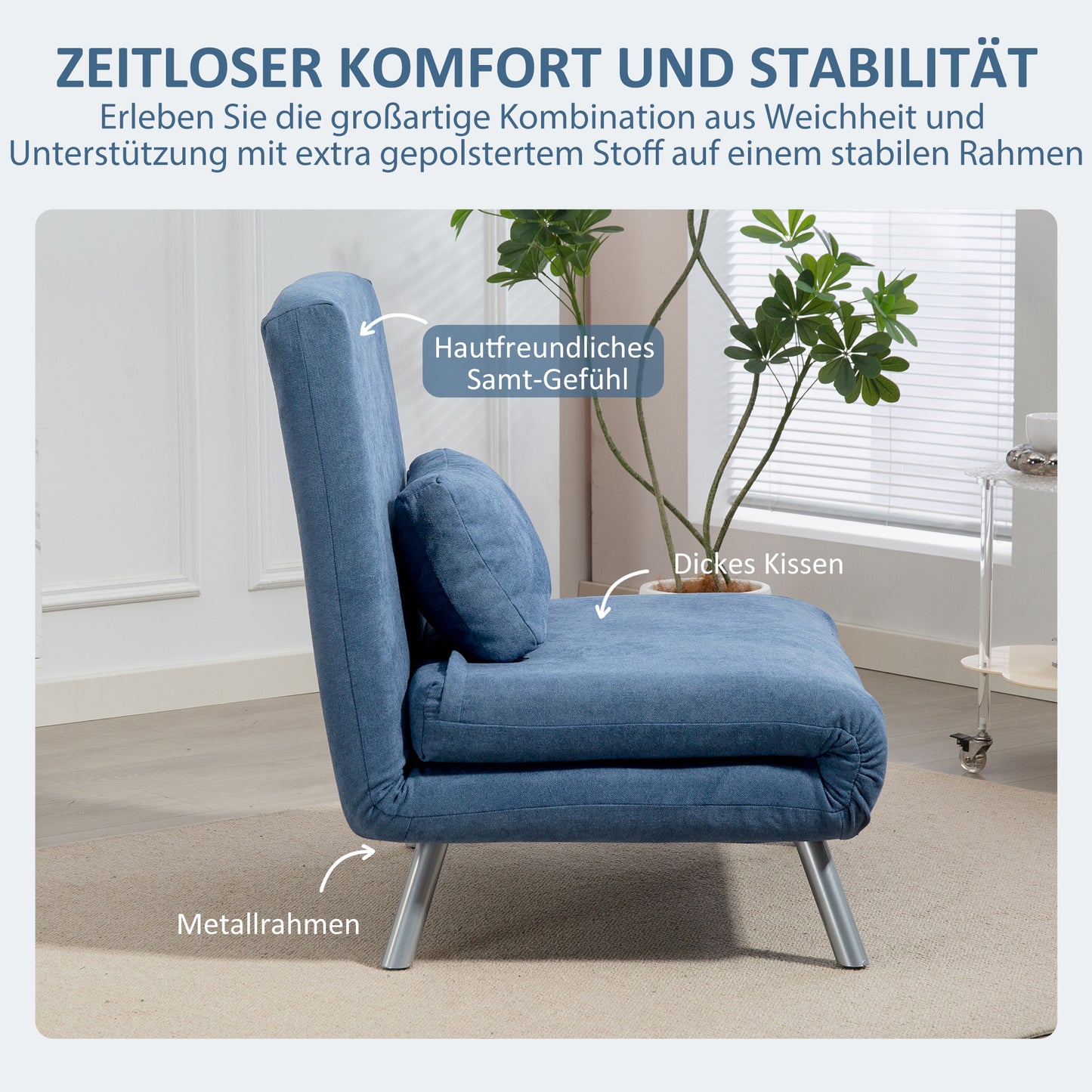 HOMCOM Polstersessel mit Bettfunktion, 3-in-1 Design, Schlafsessel, Gästebett, Stoffbezug, mit Kissen, Blau