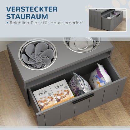 PawHut Futterstation für große Hunde, mit 2 Edelstahlnäpfen, Schublade, Futterspender für Haustiere, MDF, Stahl, Grau