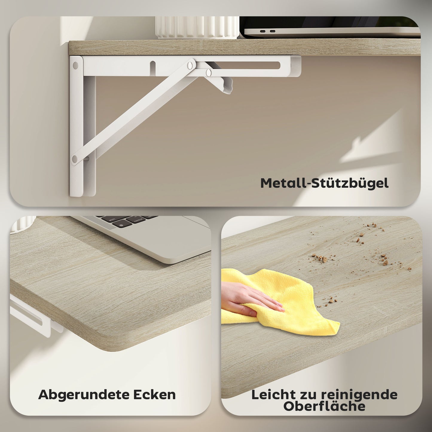 HOMCOM Wandklapptisch, 60x40 cm Klapptisch, Platzsparender Schwimmender Schreibtisch mit abgerundeten Ecken, für Homeoffice, Wohnzimmer, Schlafzimmer, Küche, Eiche