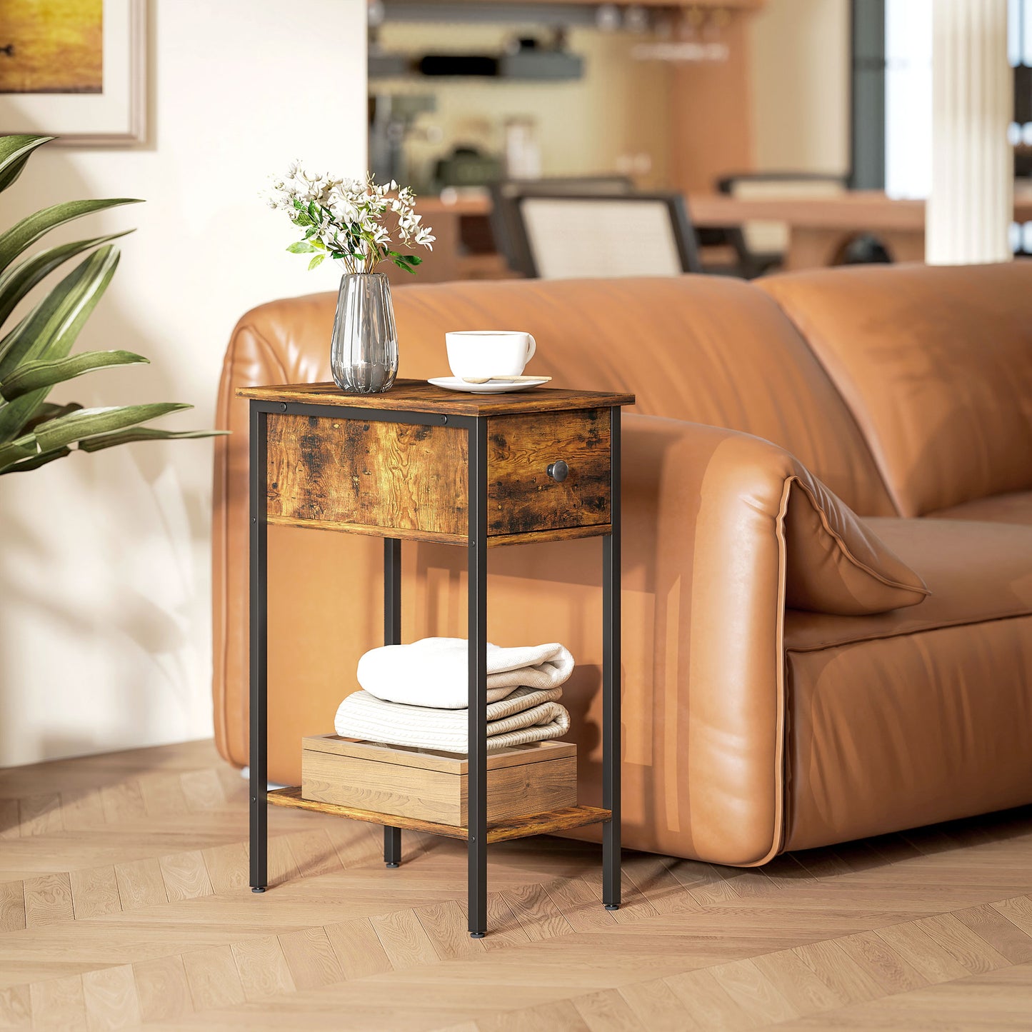 HOMCOM Beistelltisch mit offenem Fach und Schublade, Nachttisch, Metallbeine, Holz, Braun