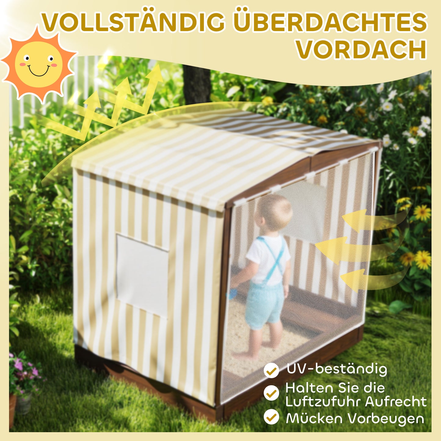 AIYAPLAY Sandkasten, Sandkiste mit Vordach und Netztür, Sitzbänke, Bodenschutz, Braun