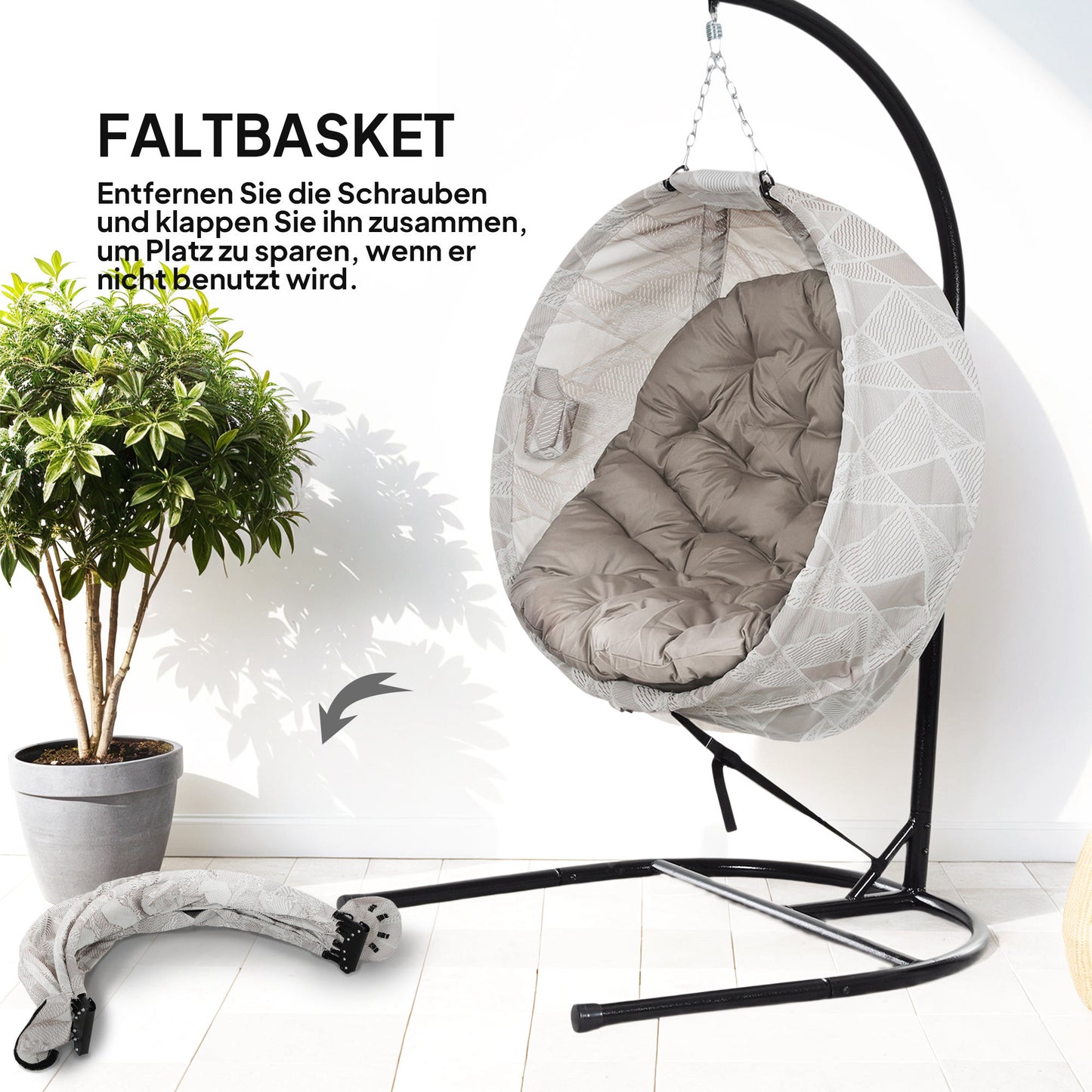 Outsunny Eiförmiger Hängekorb, Hängesessel mit Schaukelfunktion und faltbarem Korb, Gartenstuhl, Becherhalter, Sandbraun