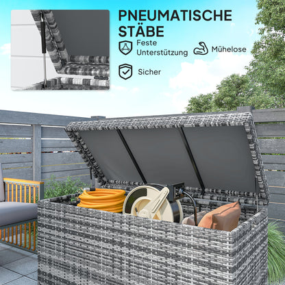 Outsunny Rattan Auflagenbox 380L vattenfest Kissenbox mit Deckel Staurum UV-beständig 130 x 61 x 65 cm Dunkelgrau