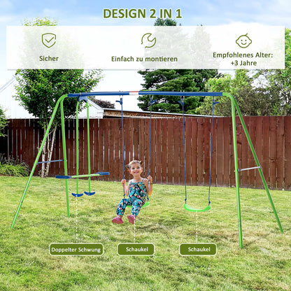 Outsunny Schaukelgestell, Outdoor-Schaukelgerüst mit 2 Schaukeln, Wippe, Kinderschaukel mit Metallgestell, Grün