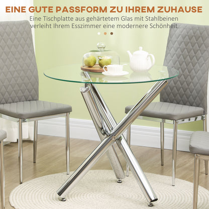 HOMCOM Esstisch, runde Hartglasplatte, randloses Design, für 2-4 Personen, Stahlbeine, 80 x 80 x 74 cm